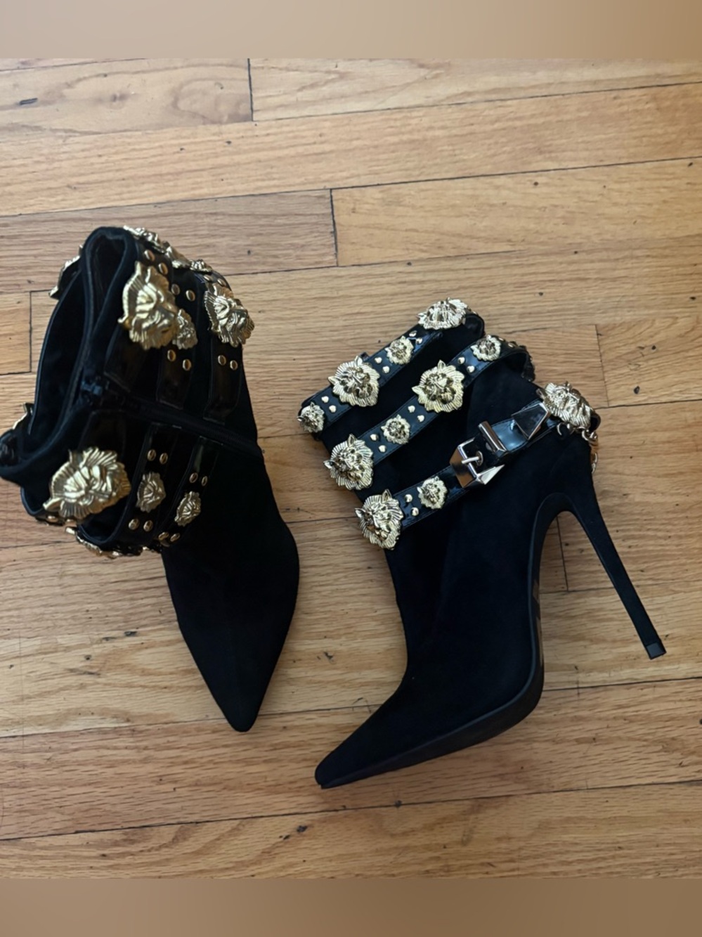 Jeffrey Campbell Black Suede Gold Studded Chain Heeled Booties Size 9